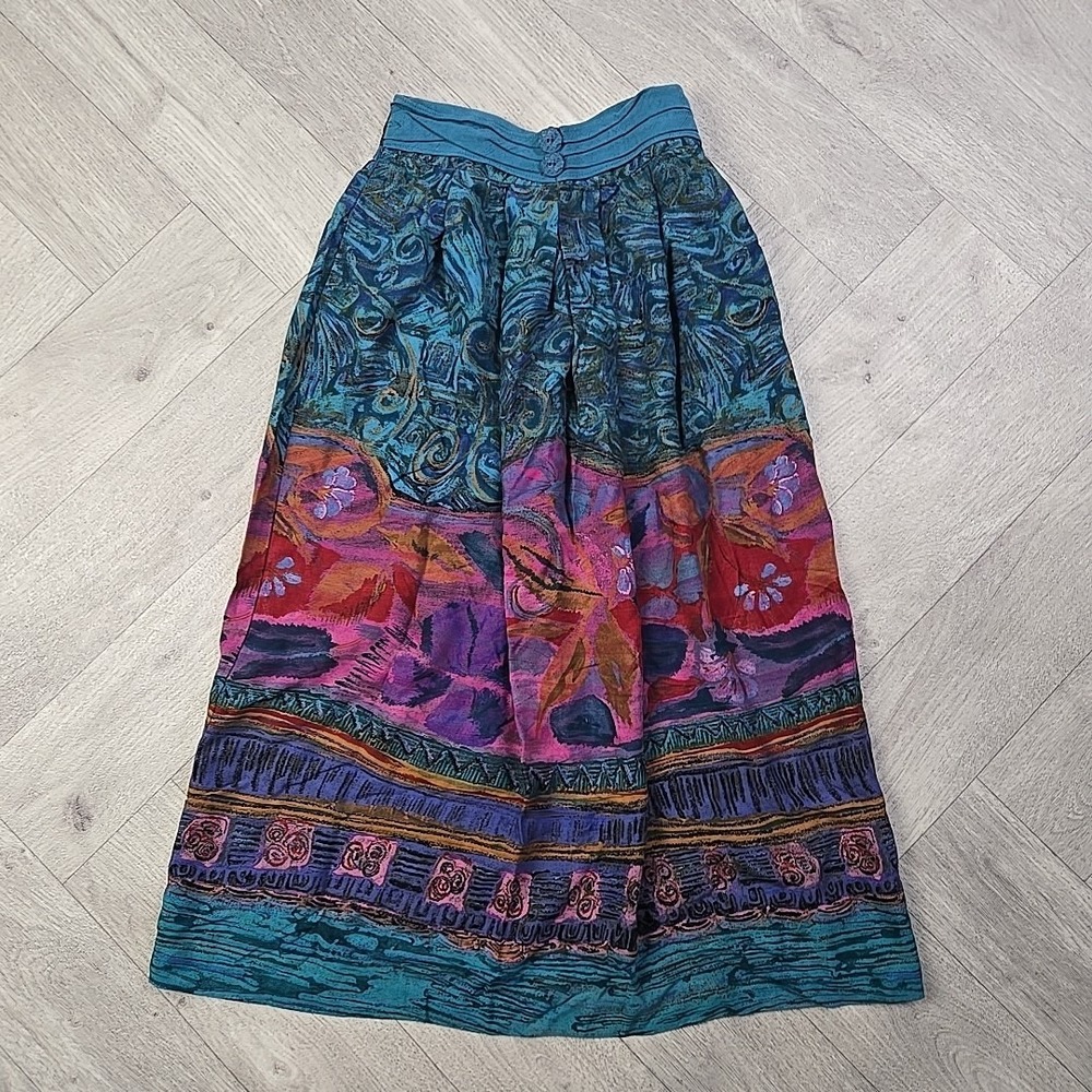Vintage Women's Size 4 Skirt Blue Tribal Primitive Indian Rayon Western Pockets